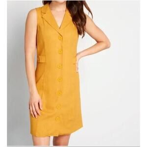 Yellow Retro Modcloth Mini Button Front Linen Dress 8